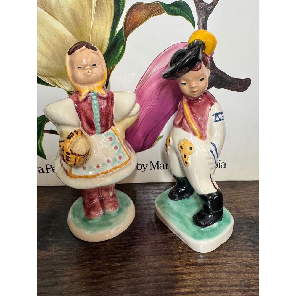 Vintage Ceramic Folk Boy & Girl Figurines Hand Painted Set Japan Cottagecore
